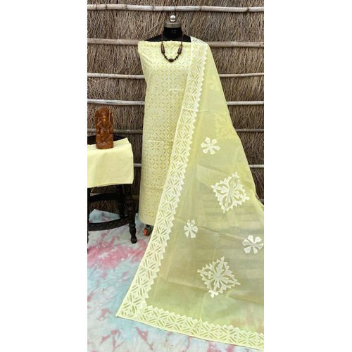 Ethnic Lemon Applique Work Suit Material - Attributes: Washable