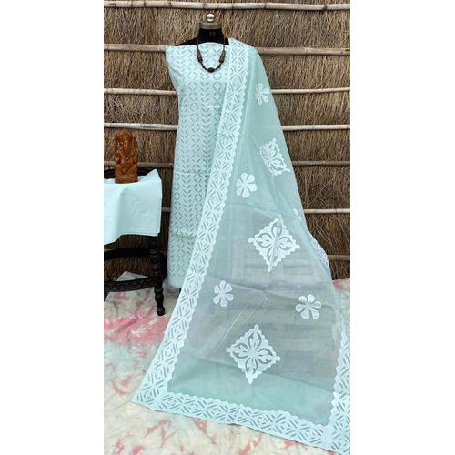 Ethenic Sky Blue Applique Suit Material - Attributes: Washable