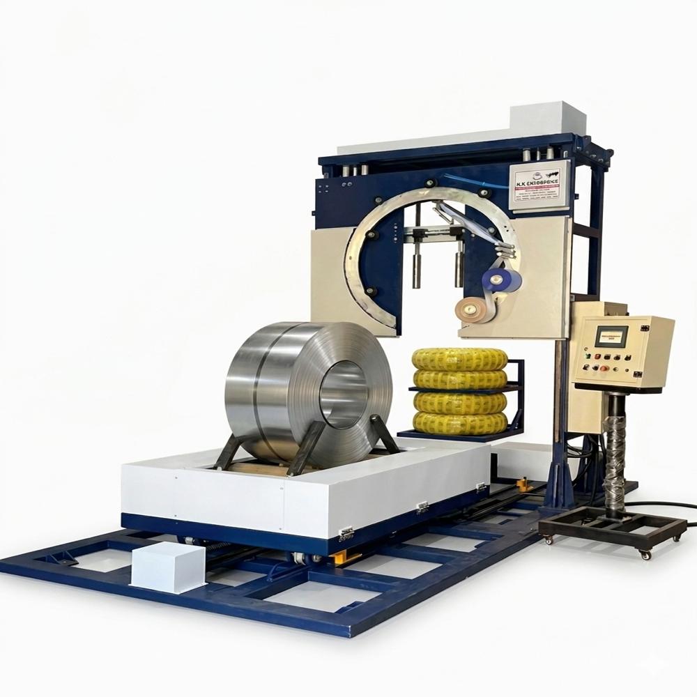 Steel Coil Wrapping Machine - Mild Steel 380 Volt White-Yellow Color 400 Coils Per Hour Automatic Operation 1 Year Warranty Adjustable Tensioner Safety System