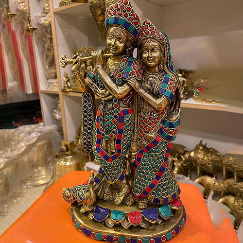 Brass Radha Krishna Colorful Statue
