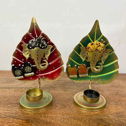 Spiritual Metal Art Ganesh Leaf Light Holder