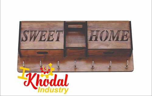 Customizable Key Holder - Brown Wood, 12x8 Inches | 6 Hooks, Natural Finish, Modern Style