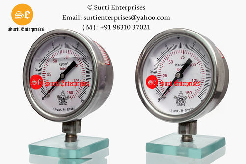 H.GURU Stainless Steel Body Pressure Gauge 4 Inch 0-10 Kg With Glycerine