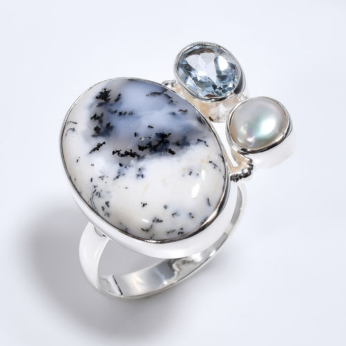 925 Sterling Silver Three Stone Ring Natural Dendrite Opal Blue Topaz Gemstone Women Fashion Ring Exporter - Weight: 7.7 Grams (G)