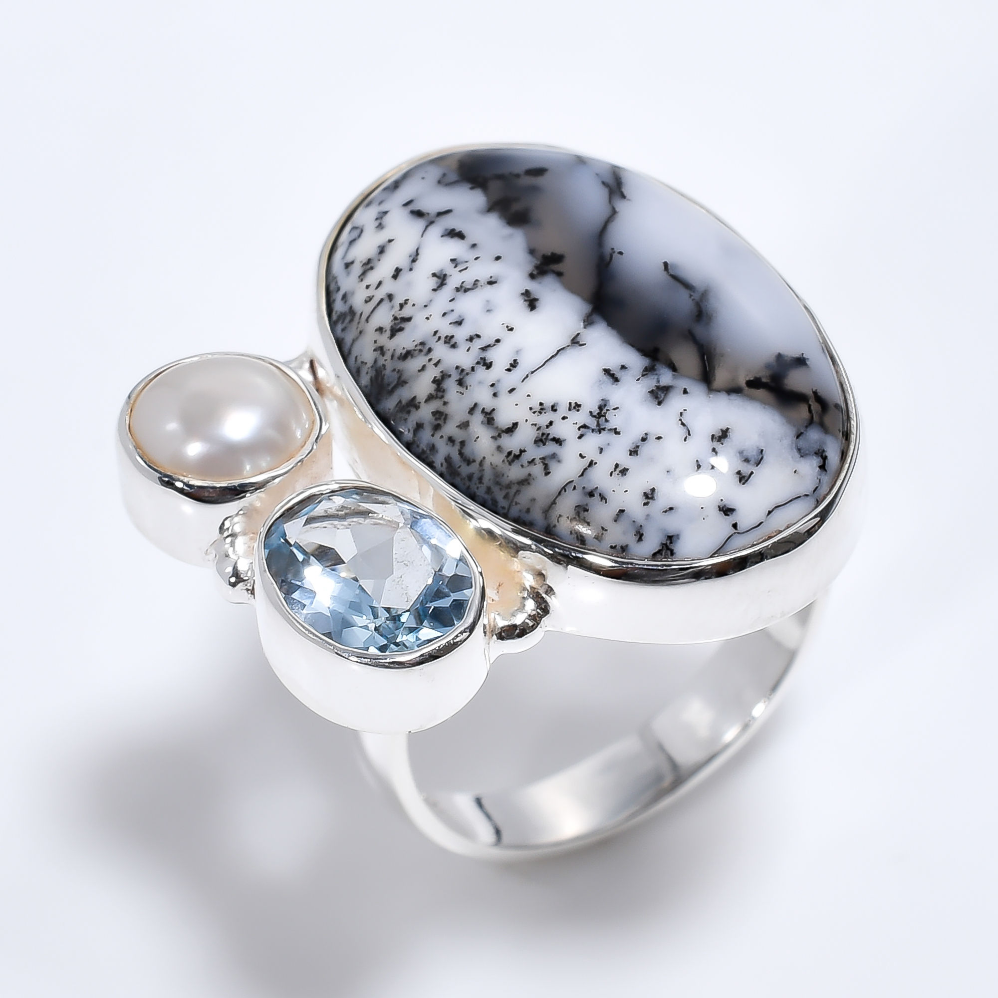 925 Sterling Silver Three Stone Ring Natural Dendrite Opal Blue Topaz Gemstone Women Fashion Ring Exporter