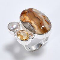 Crazy Lace Agate Citrine Gemstone 925 Sterling Silver Three Stone Ring Size US 6 Girls Fashion Ring Exporter