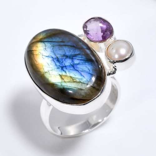 Natural Fire Labradortie Amethyst Gemstone 925 Sterling Silver Ring Size US 8 Girls Fashion Ring Supplier