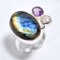 Natural Fire Labradortie Amethyst Gemstone 925 Sterling Silver Ring Size US 8 Girls Fashion Rings exporter
