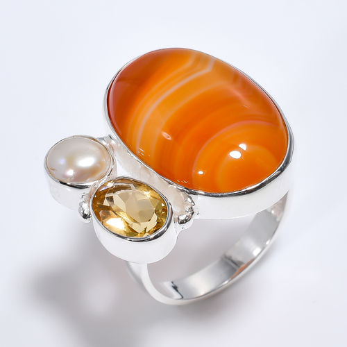 Orange Botswana Agate Citrine Gemstone 925 Sterling Silver Three Stone Ring Size US 7 Women Fashion Rings Supplier