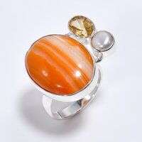 Orange Botswana Agate Citrine Gemstone 925 Sterling Silver Three Stone Ring Size US 7 Women Fashion Rings Supplier