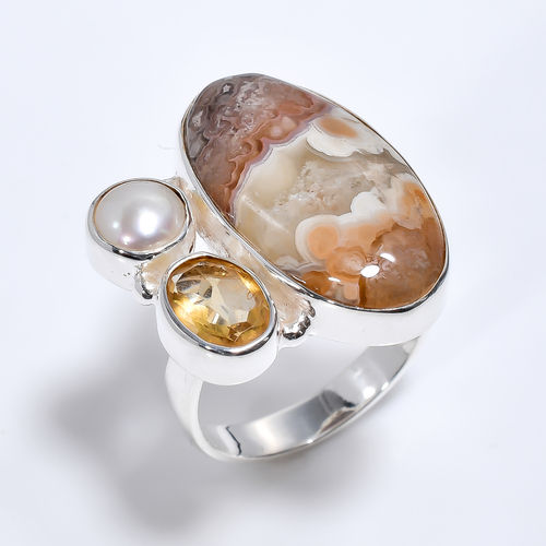 Natural Crazy Lace Agate Citrine Gemstone 925 Sterling Silver Ring Size US 7 Women Fashion Rings Suppier