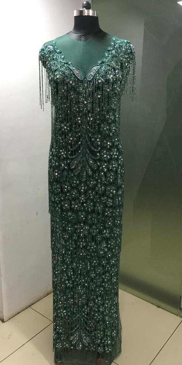 Designer crystal work beaded front and back panel fabric dress for women