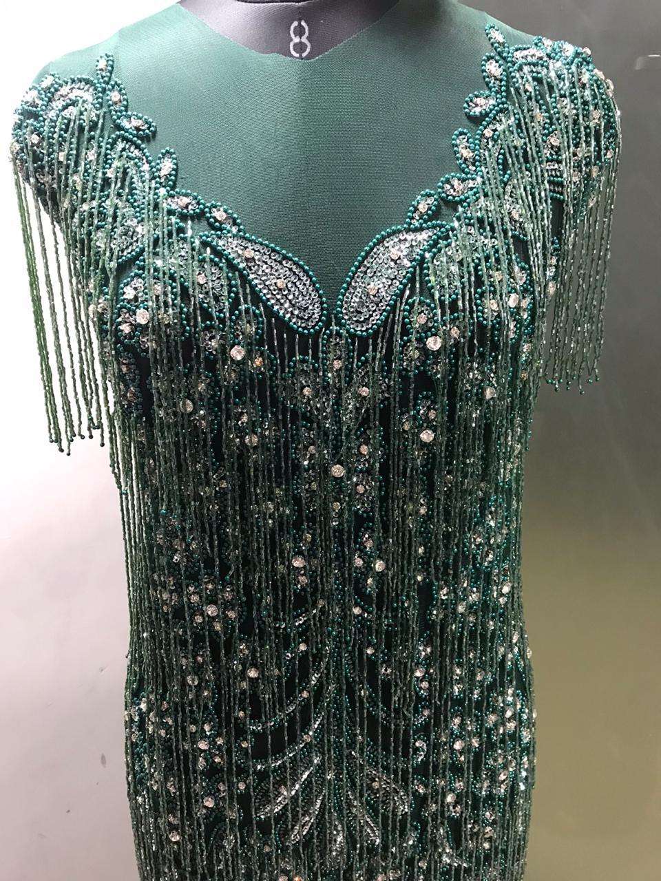 Designer crystal work beaded front and back panel fabric dress for women