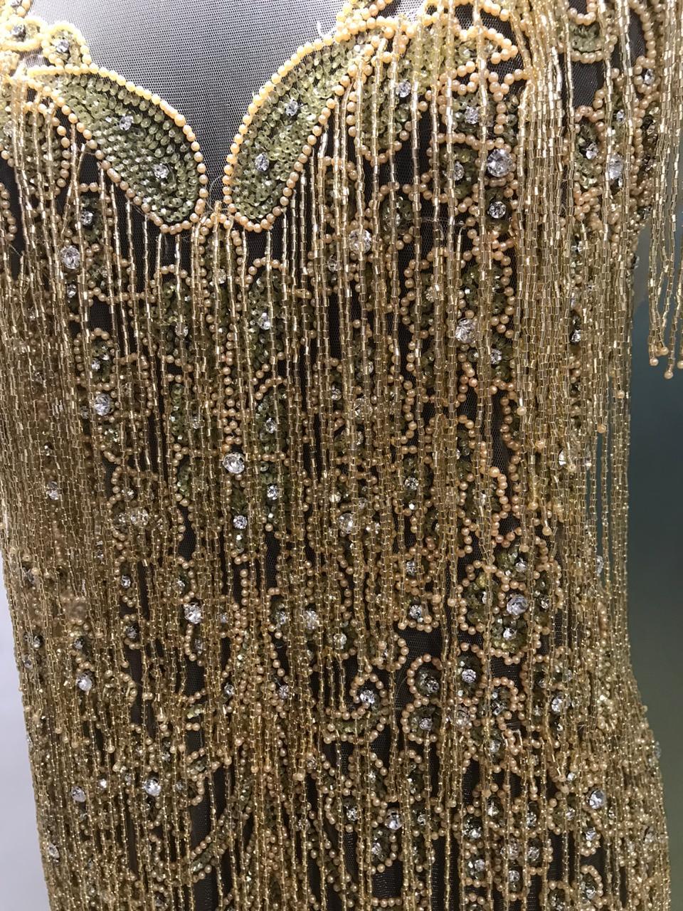 Designer crystal work beaded front and back panel fabric dress for women