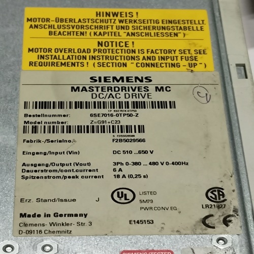 SIEMENS 6SE7016-0TP50-Z SIMOVERT MASTERDRIVES MC SERIES