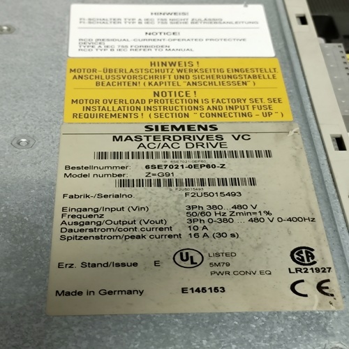 SIEMENS 6SE7021-0EP60-Z SIMOVERT MASTERDRIVE