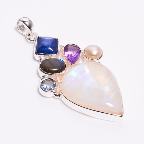 925 Sterling Silver Multi Stone Pendant Natural Rainbow Moonstone Women Fashion Pendant Exporter