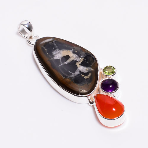 925 Sterling Silver Multi Stone Pendant Septarian Gronate Gemstone Girl Fashion Pendant Exporter - Gender: Women