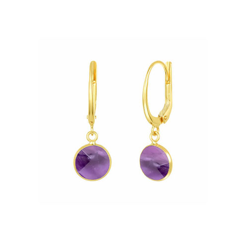 Amethyst Gemstone 10mm Round Shape Bezel Set Gold Vermeil Hoop Earrings