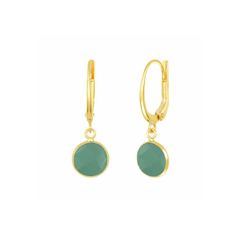 Aqua Chalcedony Gemstone 10mm Round Shape Bezel Set Gold Vermeil Hoop Earrings