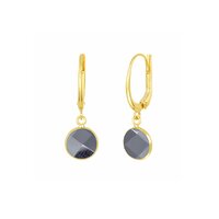 Black Onyx Gemstone 10mm Round Shape Bezel Set Gold Vermeil Hoop Earrings