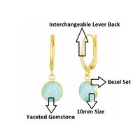 Blue Chalcedony Gemstone 10mm Round Shape Bezel Set Gold Vermeil Hoop Earrings