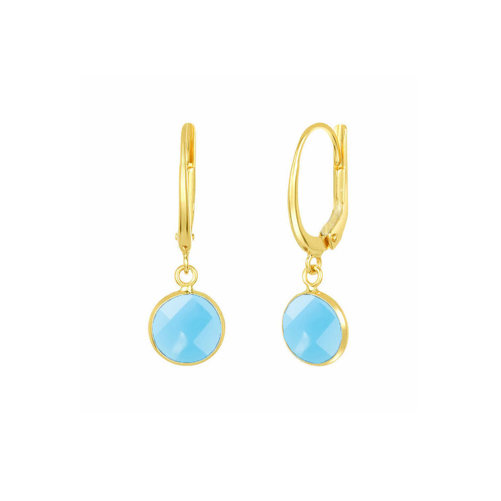 Blue Chalcedony Gemstone 10mm Round Shape Bezel Set Gold Vermeil Hoop Earrings