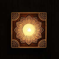 Square Wooden Block Tea Light Candle Holders - Wood Material, 10.0 X 2.5 X 10.0 Cm, Brown-white Color | Handmade Motifs For Home Decoration And Stunning Lightshow