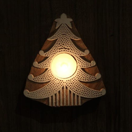 Brown Xmastree Wooden Block Tea Light Candle Holders