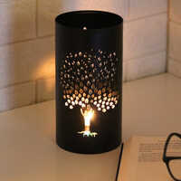 Aeon Cylindrical Black Tea Light Candle Holder - Iron Material, Size 10x10x20cm | Handmade With Bonsai Tree Cut Design For Stylish Decor