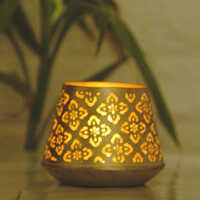 Trapez Geometric Tea Light Candle Holder - Iron Material, 10 x 10 x 8.0 cm Size, Black-Gold Color | Handmade Floral Cut Pattern Design for Home Decoration