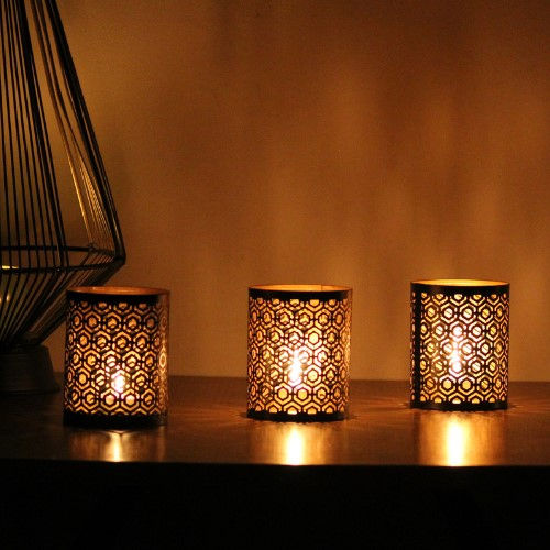 Hexa Hexagon Cut Design Tea Light Candle Holder Black-Gold Color