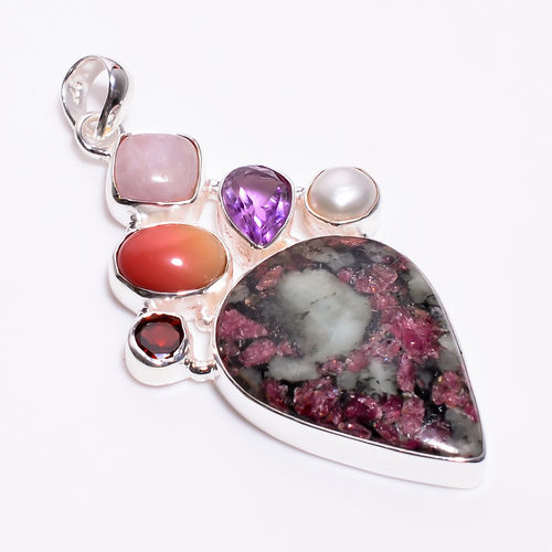 925 Sterling Silver Multi Stone Pendant Natural Eudialyte Gemstone Women Fashion Pendants Exporter - Weight: 9.7 Grams (G)