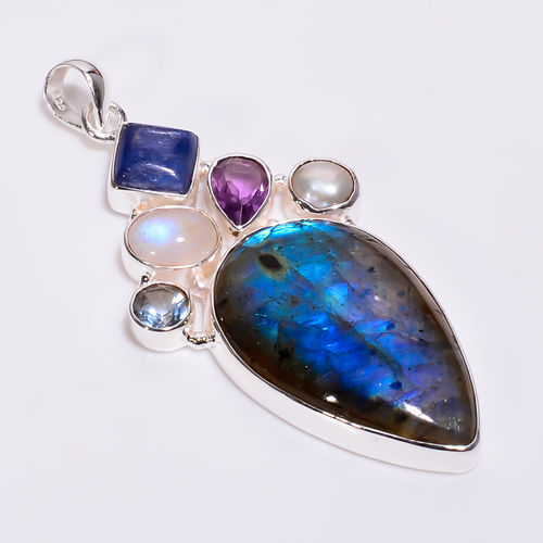 925 Sterling Silver Multi Stone Pendant Natural Labradorite Gemstone Girls Fashion Pendant Supplier - Gender: Women