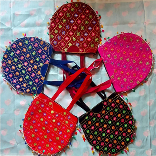 14 x 15 Inch Butta Multi Round Embroidered Fashion Bag - Cotton Fabric Various Colors Lightweight Design with Spacious Dual Handles
