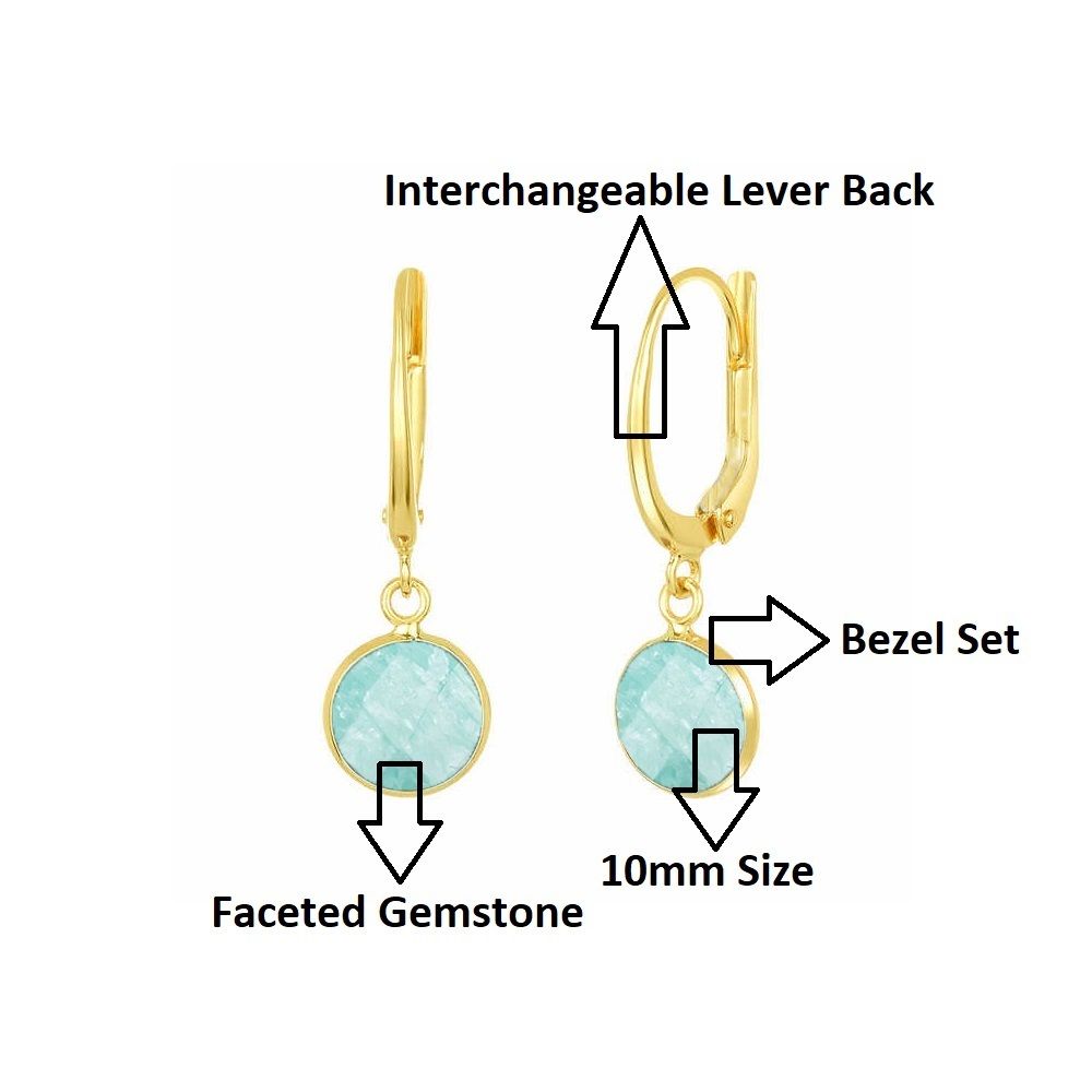 Blue Lace Agate Gemstone 10mm Round Shape Bezel Set Gold Vermeil Hoop Earrings
