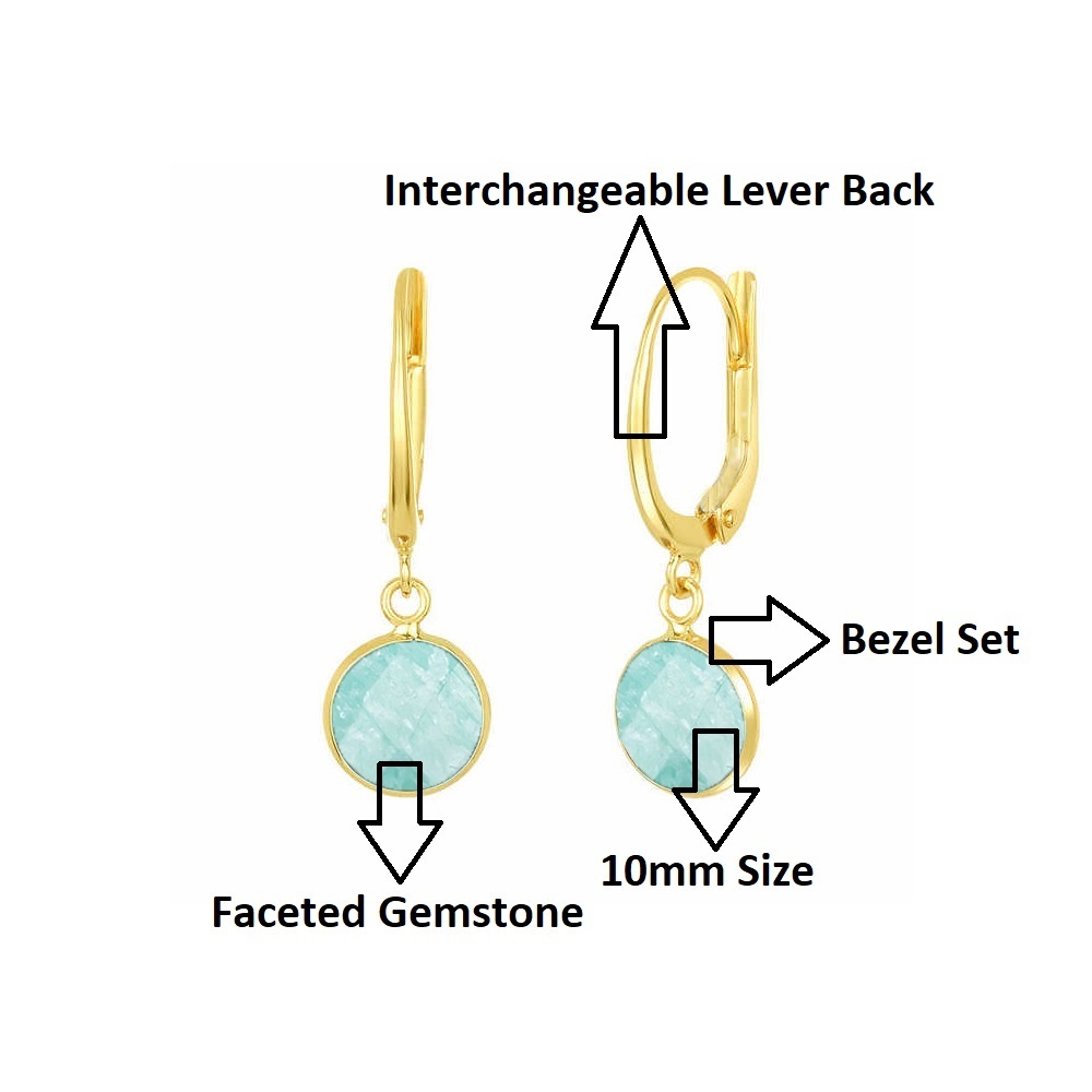 Blue Sunstone Gemstone 10mm Round Shape Bezel Set Gold Vermeil Hoop Earrings