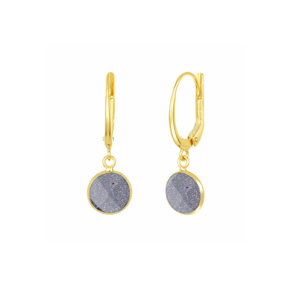 Blue Sunstone Gemstone 10mm Round Shape Bezel Set Gold Vermeil Hoop Earrings