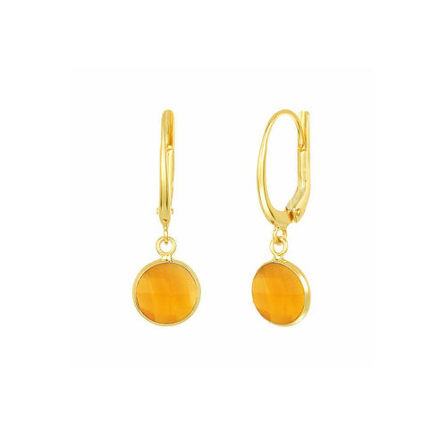 Citrine Quartz Gemstone 10mm Round Shape Bezel Set Gold Vermeil Hoop Earrings