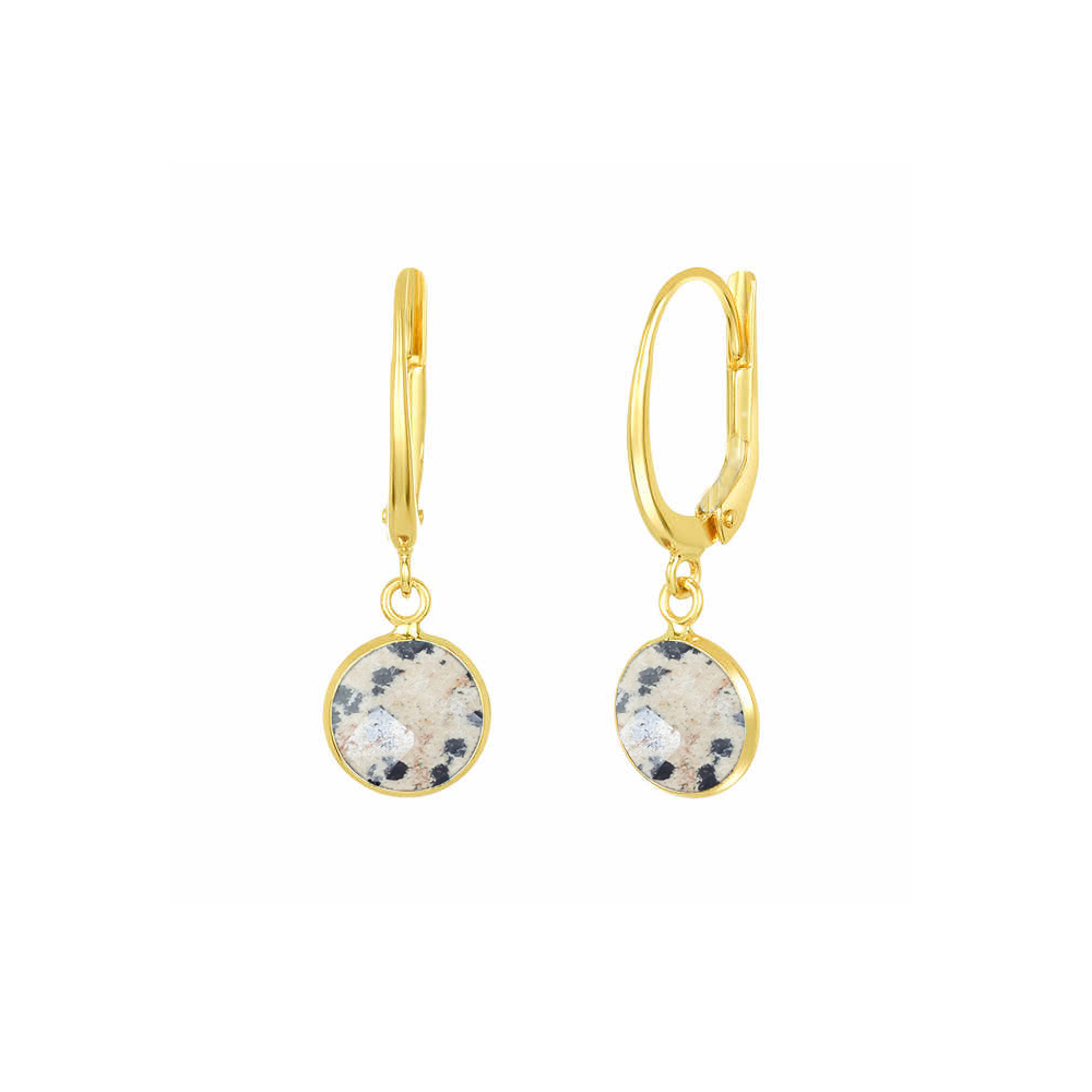 Dalmatian Jasper Gemstone 10mm Round Shape Bezel Set Gold Vermeil Hoop Earrings