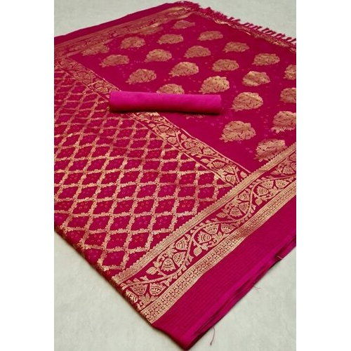 Pink-Golden Ladies Printed Banarasi Saree