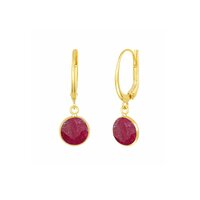 Dyed Ruby Gemstone 10mm Round Shape Bezel Set Gold Vermeil Hoop Earrings