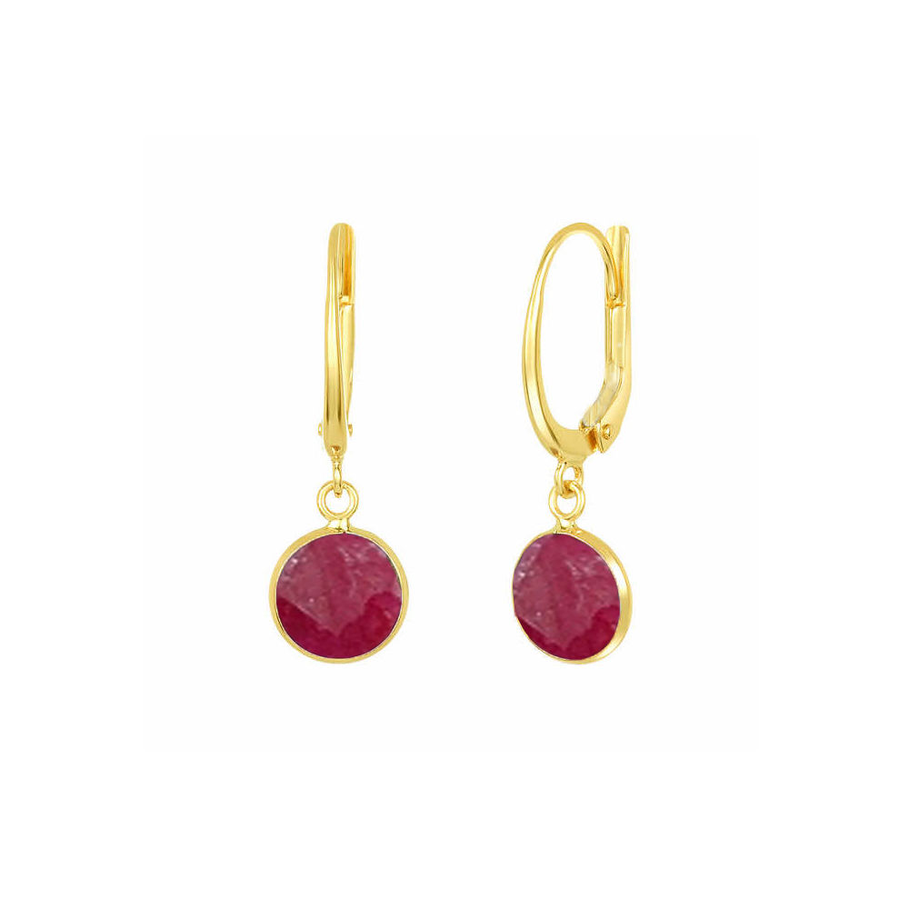 Dyed Ruby Gemstone 10mm Round Shape Bezel Set Gold Vermeil Hoop Earrings