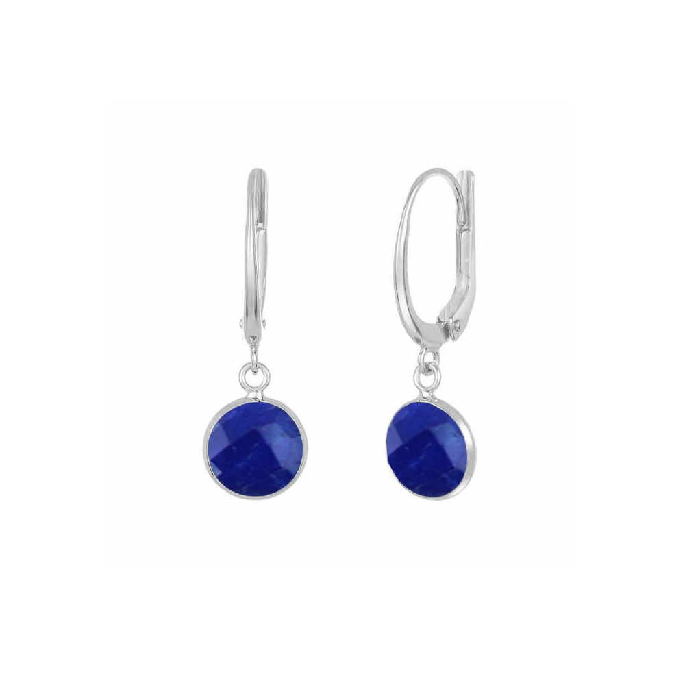 Dyed Sapphire Gemstone 10mm Round Shape Bezel Set Gold Vermeil Hoop Earrings