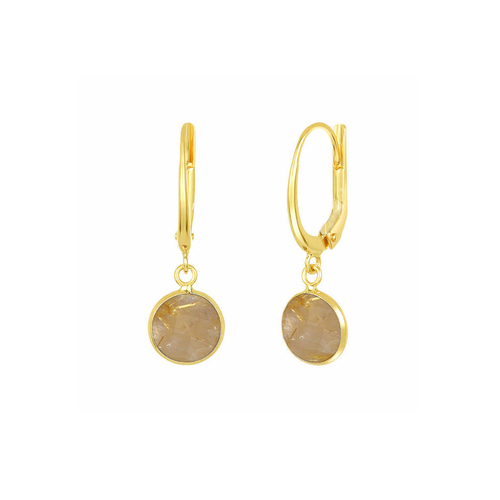 Golden Rutile Gemstone 10mm Round Shape Bezel Set Gold Vermeil Hoop Earrings