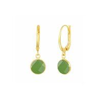 Green Chalcedony Gemstone 10mm Round Shape Bezel Set Gold Vermeil Hoop Earrings