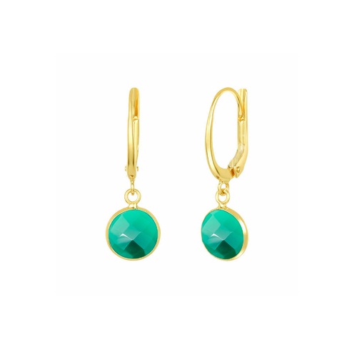 Green Onyx Gemstone 10mm Round Shape Bezel Set Gold Vermeil Hoop Earrings