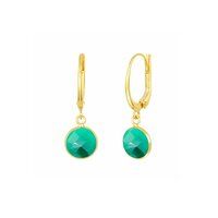 Green Onyx Gemstone 10mm Round Shape Bezel Set Gold Vermeil Hoop Earrings