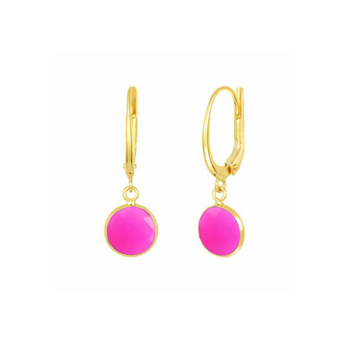 Hot Pink Chalcedony Gemstone 10mm Round Shape Bezel Set Gold Vermeil Hoop Earrings