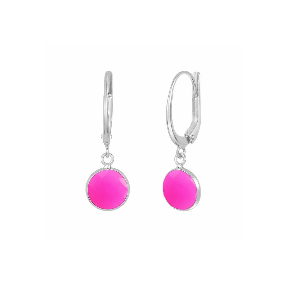 Hot Pink Chalcedony Gemstone 10mm Round Shape Bezel Set Gold Vermeil Hoop Earrings